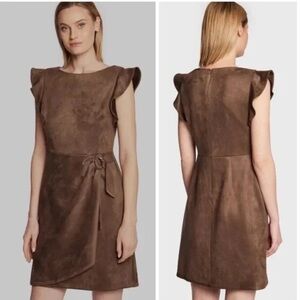 •DKNY• NWOT Flutter Sleeve Faux Suede Tulip Sheath Dress in Toffee Brown‎ Size 4